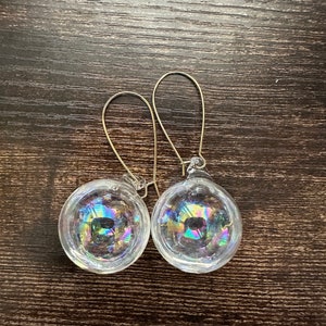 Bubble Sky Iridescent Glass Bubble Filled with Liquid, Unique Earrings, 18k Gold Plated image 1