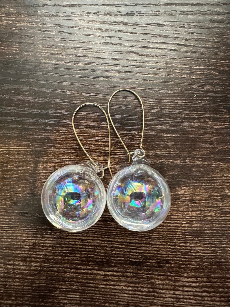 Bubble Sky Iridescent Glass Bubble Filled with Liquid, Unique Earrings, 18k Gold Plated image 1