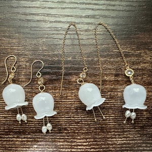 May Bells - Lily of the Valley Glass Pearl Earrings, 14k Gold Filled, Whimsical, Unique Earrings