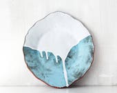 Turquoise and white handmade ceramic plate with dripping glaze