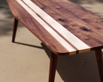 Mid Century Modern Surfboard Coffee Table, Solid Walnut and Maple