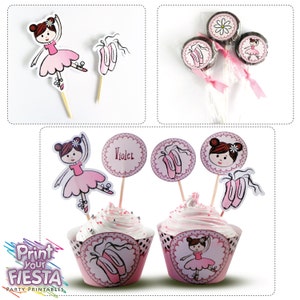 Print Your Fiesta editable printable party set Ballerina Party Kit cards, cupcake wrappers, toppers, flower, headband Opening SALE image 2