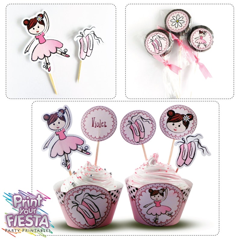 Print Your Fiesta editable printable party set Ballerina Party Kit cards, cupcake wrappers, toppers, flower, headband Opening SALE image 2