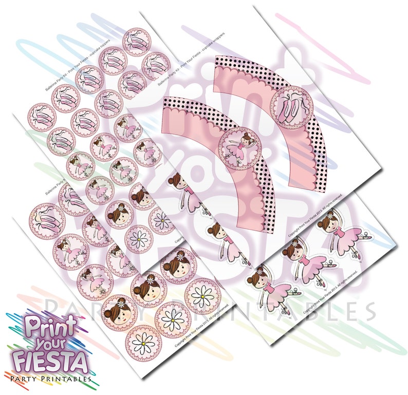 Print Your Fiesta editable printable party set Ballerina Party Kit cards, cupcake wrappers, toppers, flower, headband Opening SALE image 5