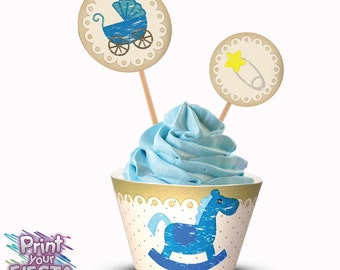 Print Your Fiesta digital party set - Shabby Blue Baby Shower Cupcake Kit - cupcake wrappers, circle toppers, Free shipping