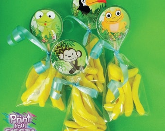 Print Your Fiesta digital party set - Jungle Party circle toppers, monkey, tucan, snake, frog, lizard