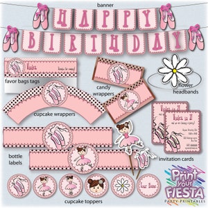 Print Your Fiesta editable printable party set Ballerina Party Kit cards, cupcake wrappers, toppers, flower, headband Opening SALE image 1
