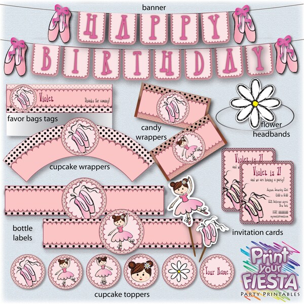 Print Your Fiesta bearbeitbares druckbares Partyset - Ballerina Party Kit - Karten, Cupcake Wrappers, Topper, Blume, Stirnband Eröffnung SALE