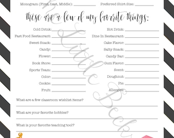 All About My Teacher Questionnaire Printables Teacher - Etsy