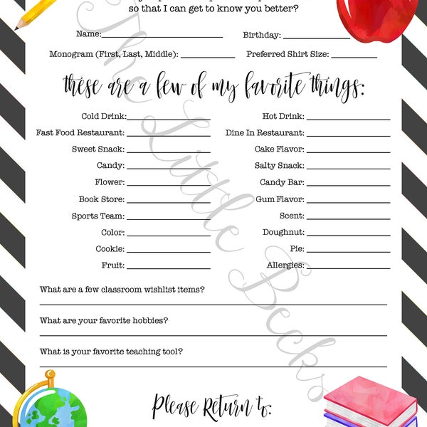 Teacher Questionnaire Printable // Back To School Questionnaire Printable // Get To Know Your Teacher Printable