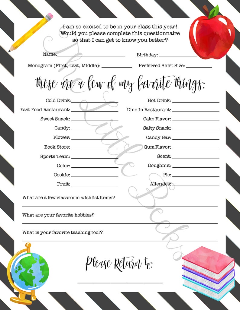 Teacher Questionnaire Printable // Back to School Questionnaire