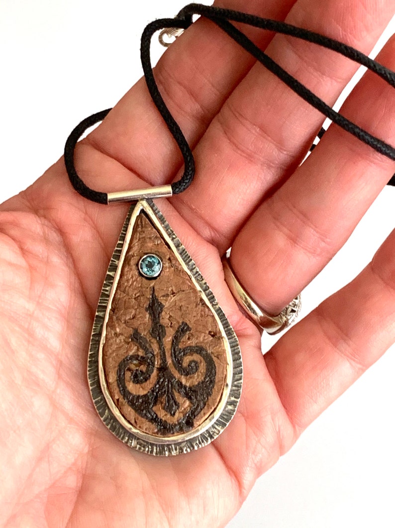 Cork and Sterling Silver Pendant with Wood-burned Design
