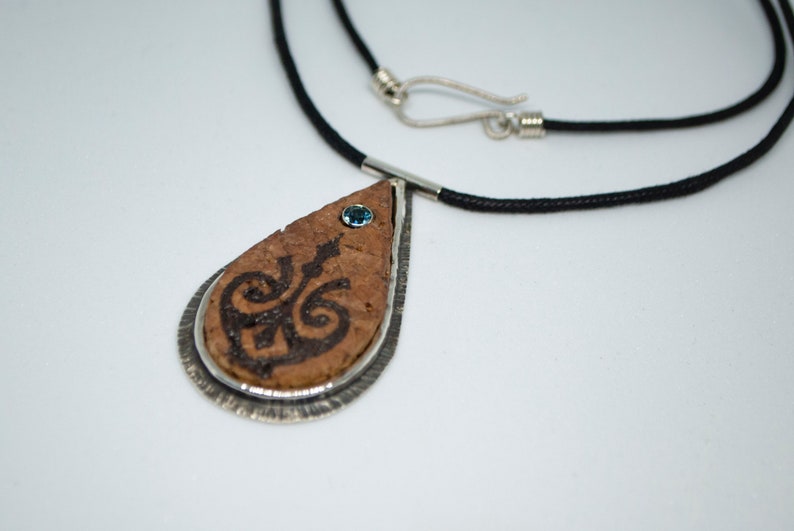 Cork and Sterling Silver Pendant with Wood-burned Design