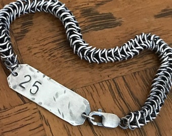 Silver Chainmaille Bracelet, Men, Unisex, Anniversary Bracelet, 25th Anniversary Jewelry, Box Weave, Stamped Jewelry, Men's Jewelry