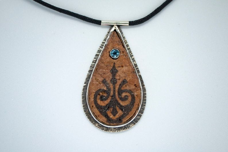 Cork and Sterling Silver Pendant with Wood-burned Design