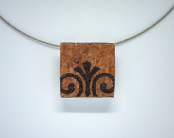 Cork and Sterling Silver Pendant with Wood-burned Design