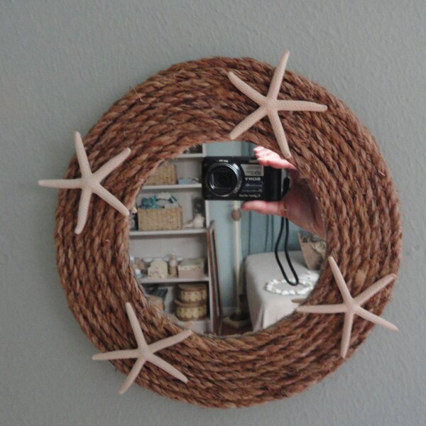beach decor, coastal decor, rope mirror, starfish mirror, round mirror, coastal mirror, shell mirror, nautical mirror, nautical decor