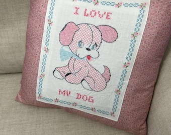 I Love My Dog Vintage Cross Stitch Pillow 18 inch