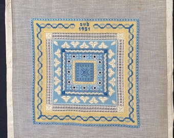Vintage Needlepoint Piece Various Fancy Stitches Blue and Yellow Pillow Cover