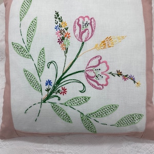 Pink Edge Pillow with Vintage Embroidered Flowers 18 inch pillow image 1
