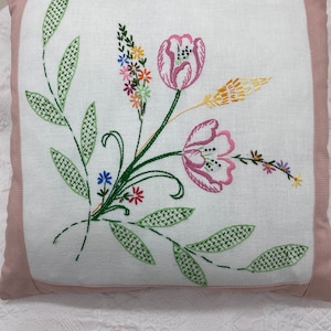 Pink Edge Pillow with Vintage Embroidered Flowers 18 inch pillow