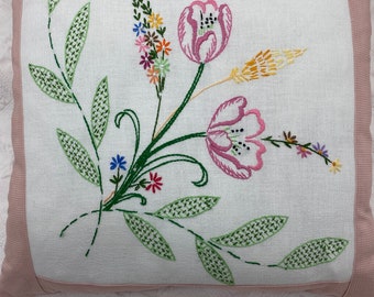 Pink Edge Pillow with Vintage Embroidered Flowers 18 inch pillow