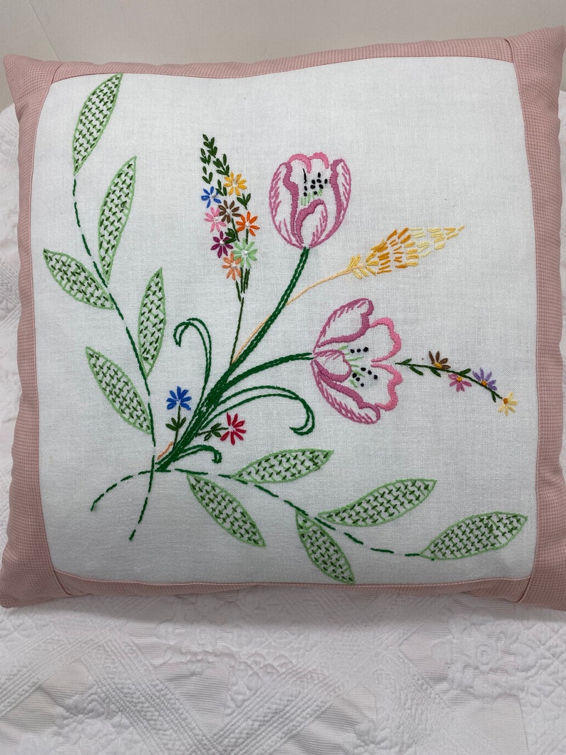 Pink Edge Pillow with Vintage Embroidered Flowers 18 inch pillow image 1