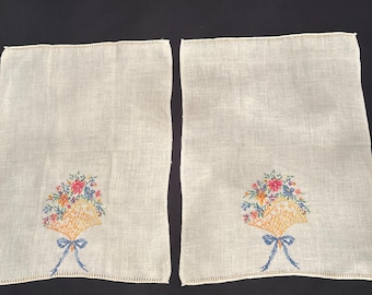 Two Vintage Linen Hand or Tea Decorative Towels Floral Cross Stitch Design