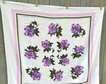 Vintage Linen Tablecloth Purple and Pink Floral