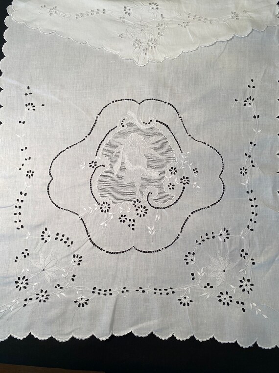 Vintage Linen Pillow Cover or Curtain Cherub Angel Lace
