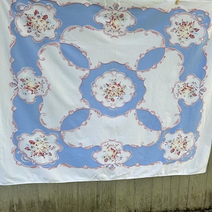 Vintage Cotton Tablecloth Blue and Floral