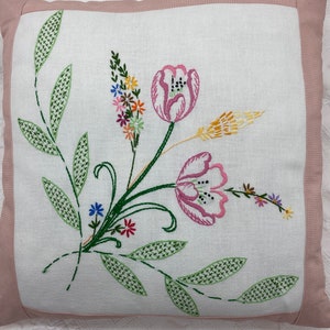 Pink Edge Pillow with Vintage Embroidered Flowers 18 inch pillow image 6