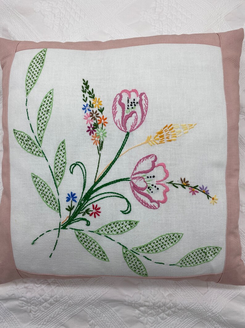 Pink Edge Pillow with Vintage Embroidered Flowers 18 inch pillow image 6