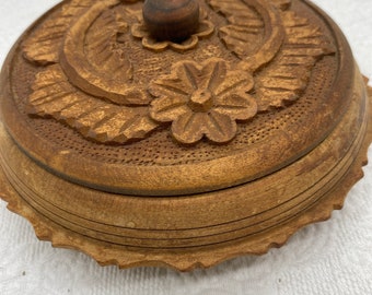 Carved Round Wood Box Trinket Box