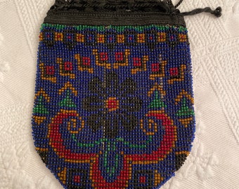 Vintage Beaded Drawstring Purse Blue