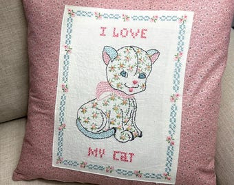 I Love My Cat Vintage Cross Stitch Pillow 18 inch