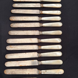 Set of 12 Antique Silver Plate Knives With Mother of Pearl Handles J Russell & Co
