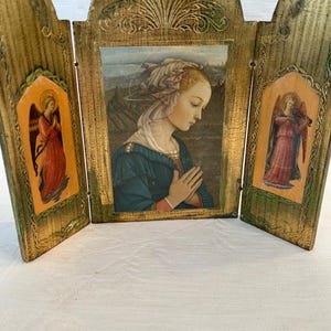 Religious Icon Triptych Vintage Wood Madonna and Two Angels