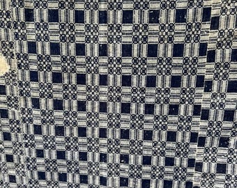Large Cotton Woven Antique Coverlet Textile Navy Blue and Off White Primitive