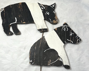 Pair of Vintage Yard Art Wood Pigs Black and White