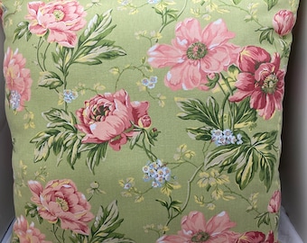 Vintage Fabric Floral Pillow Green and Pink 22 inch pillow or cushion