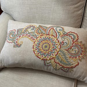 Large Vintage Throw Pillow Embroidered Feather Insert