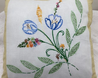 Vintage Embroidered Linen Floral Pillow 18 inch