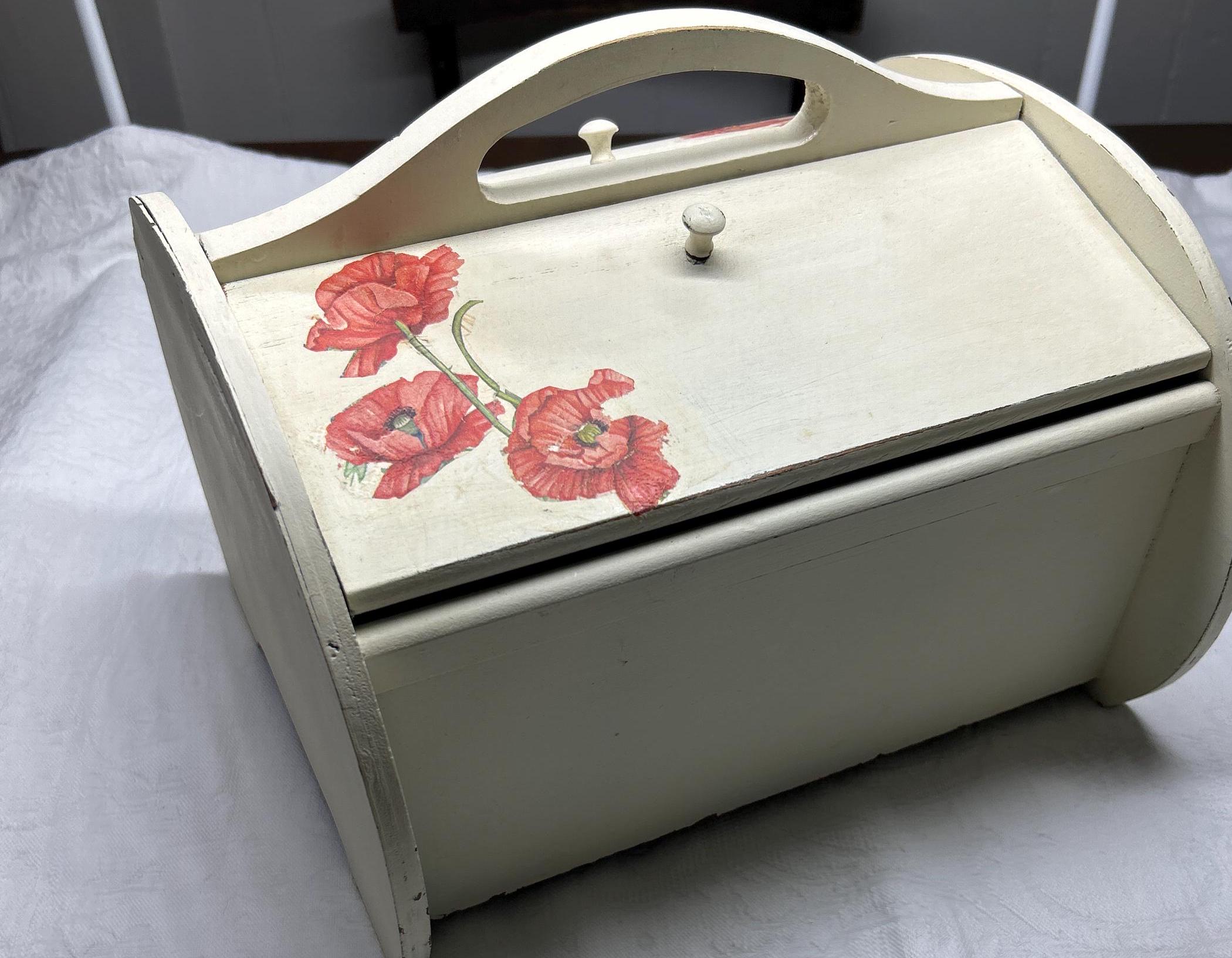 Vintage Shabby Chic Sewing Box Painted Wood With Decoupage Flowers