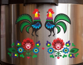 Dutch Folk Art Flowers and Rooster Full Color Vinyl Decal Pack 2 -Sided Wrap Sized To Fit an Instant Pot