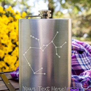 Sagittarius Constellation Customizable Etched Stainless Steel Flask Barware Gift