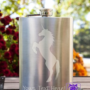 Rearing Unicorn Customizable Etched Stainless Steel Flask Barware Gift