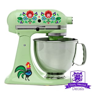Dutch-Folk-Art-Rooster-and-Flowers Stand Mixer Wrap Front & Back Decal Set Full Color