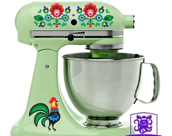 Dutch-Folk-Art-Rooster-and-Flowers Stand Mixer Wrap Front & Back Decal Set Full Color