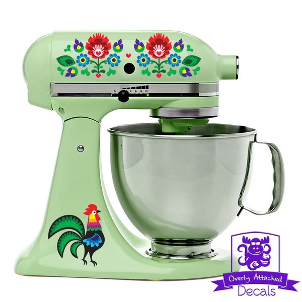 Dutch-Folk-Art-Rooster-and-Flowers Stand Mixer Wrap Front & Back Decal Set Full Color